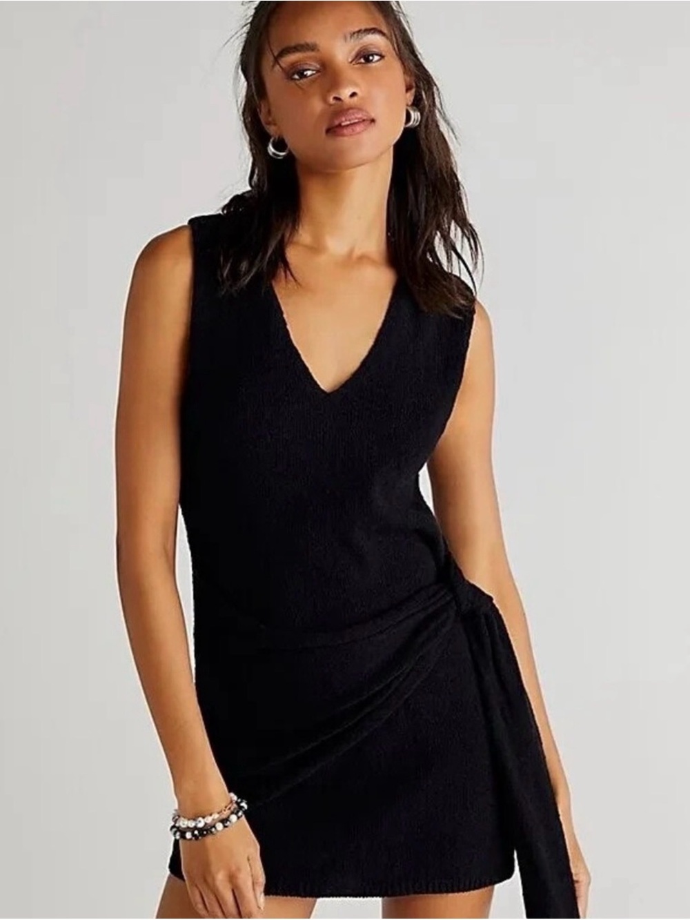 Free People Black Sleeveless V-Neck Tie-Waist Mini Dress